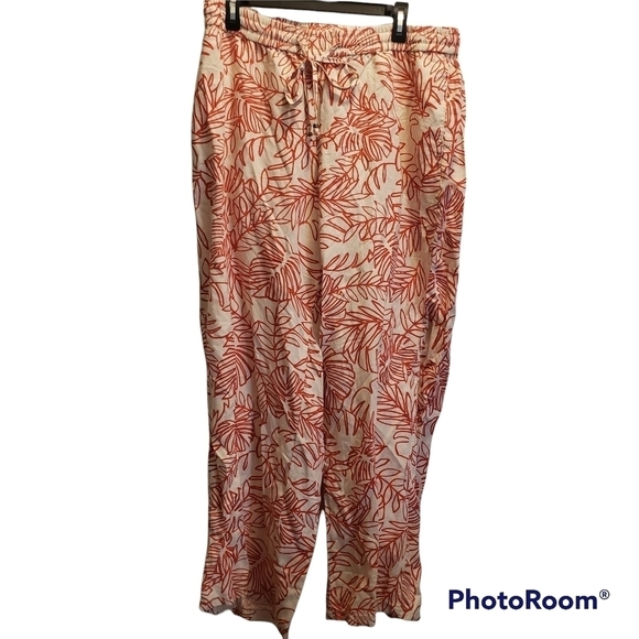 Lane Bryant Pull On Linen Blend Pants Cream Red Palm Leaf Print Womens 14/16 - Picture 1 of 12